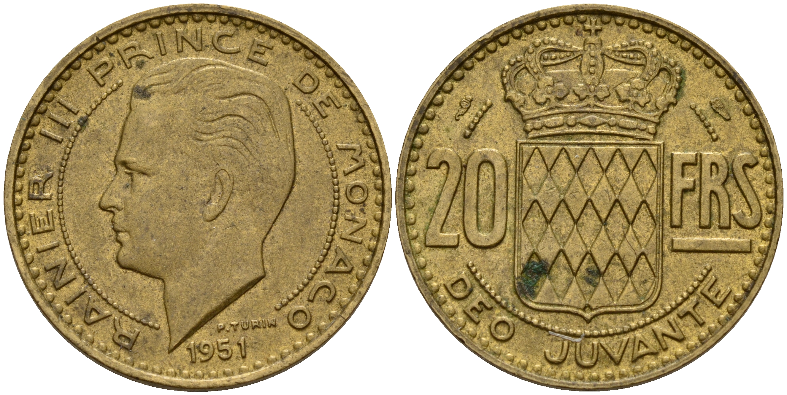 Монако 20 франков 1951 Ренье III (1949-2005) KM 131 алюминиевая бронза    4601-834