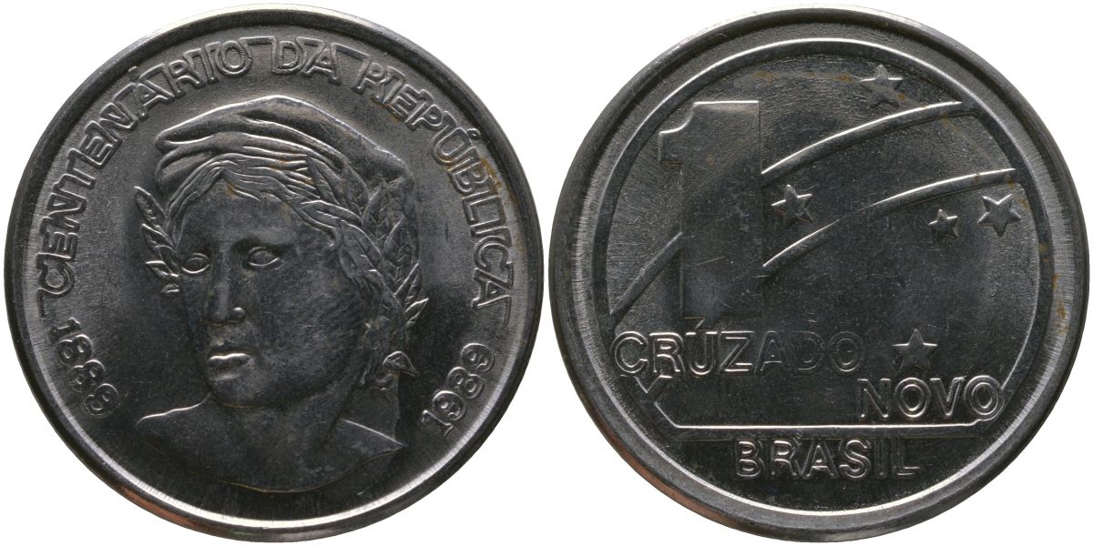 Бразилия 1 крузадо 1989 100 лет Республике KM 615 нержавеющая сталь 4565-215