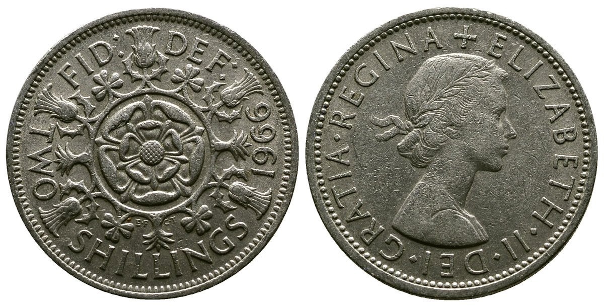 Великобритания 2 шиллинга (флорин) 1966 Елизавета II (1952-2022) KM 906, Spink 4146 медно-никель 4382-722