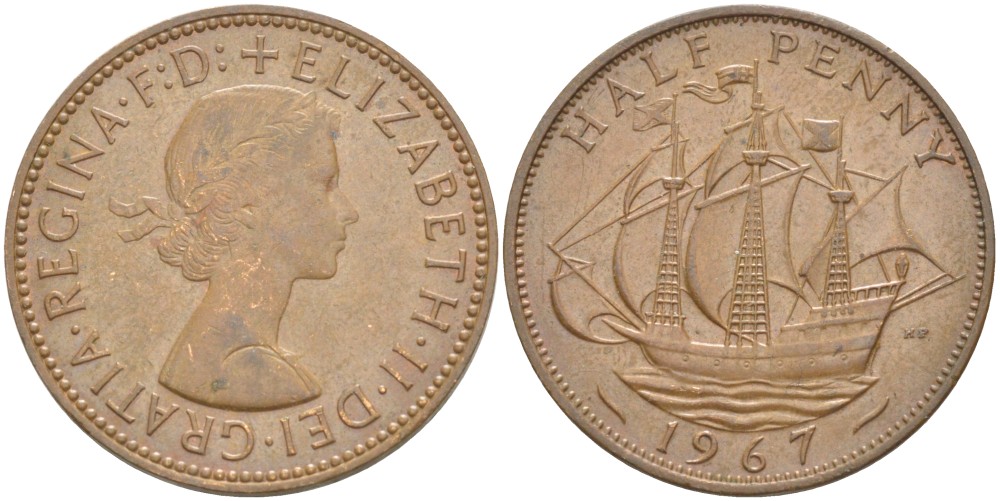 Великобритания 1/2 пенни 1967 Елизавета II (1952-2022) KM 896, Spink 4158 бронза 4544-212