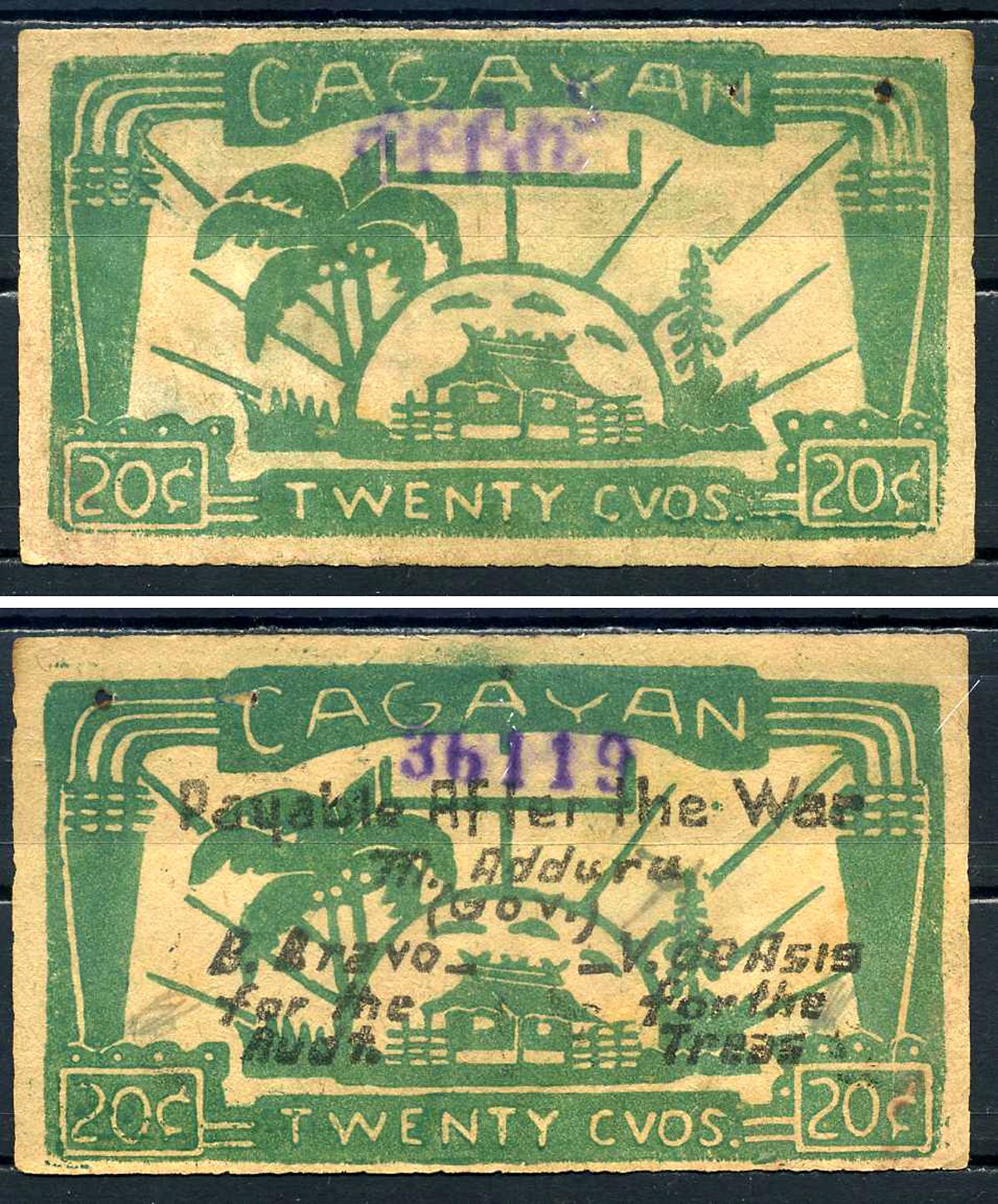 Филиппины 20 сентаво 1942 Провинция Кагаян / казначейство Pick S183 a бумага 7548-116-2-2