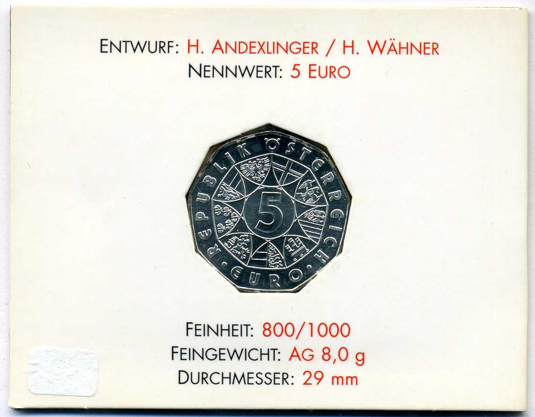 Австрия 5 евро 2002 250 лет Шенбруннскому зоопарку, в оригинальном буклете, слон KM 3091 серебро  UNC  7-5-6-40
