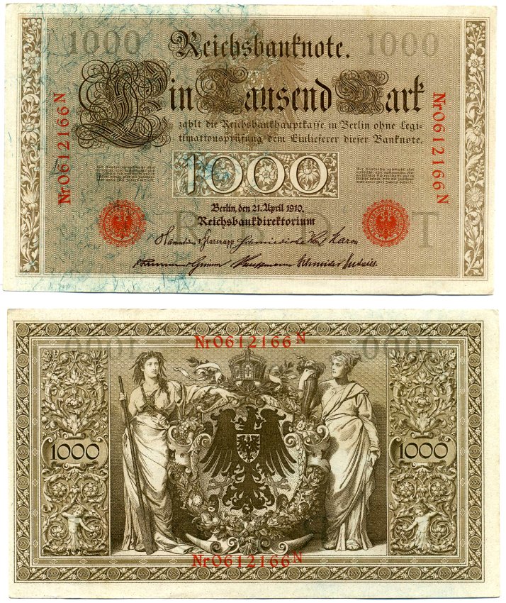 Германия 1000 Марок 1910 21 апреля 1910, Буква T, номер семизначный, серия N, Выпуск (09.1922) Pick 44b, Розенберг 45с бумага 8618-25-1-1