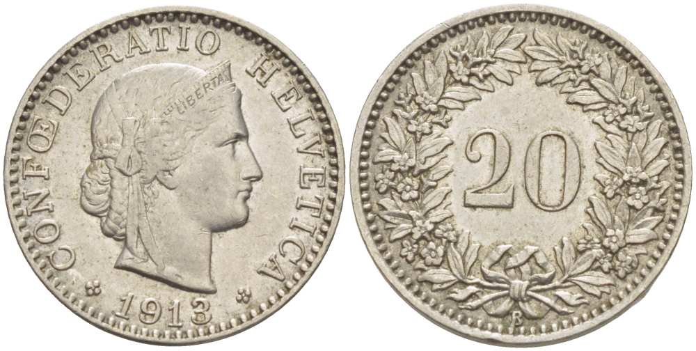 ШВЕЙЦАРИЯ 20 РАППЕНОВ 1913 В KM 29 никель 4513-247