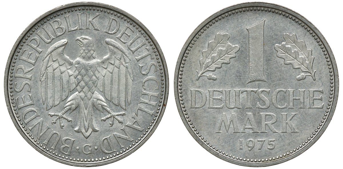 ФРГ 1 МАРКА 1975 G KM 110, J. 385 медно-никель aUNC 72-845