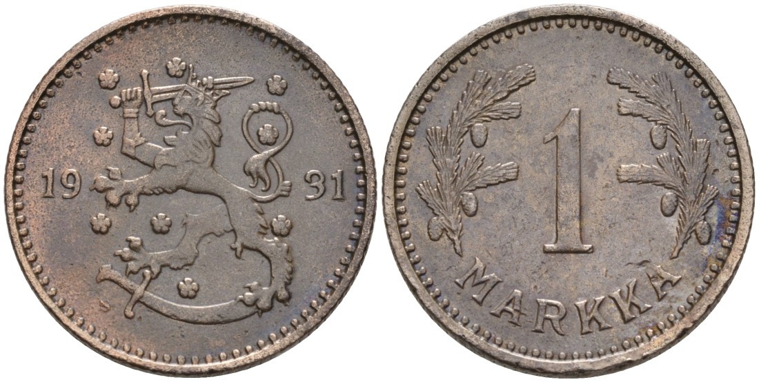 ФИНЛЯНДИЯ 1 МАРКА 1931 S KM 30 медно-никель 4563-633