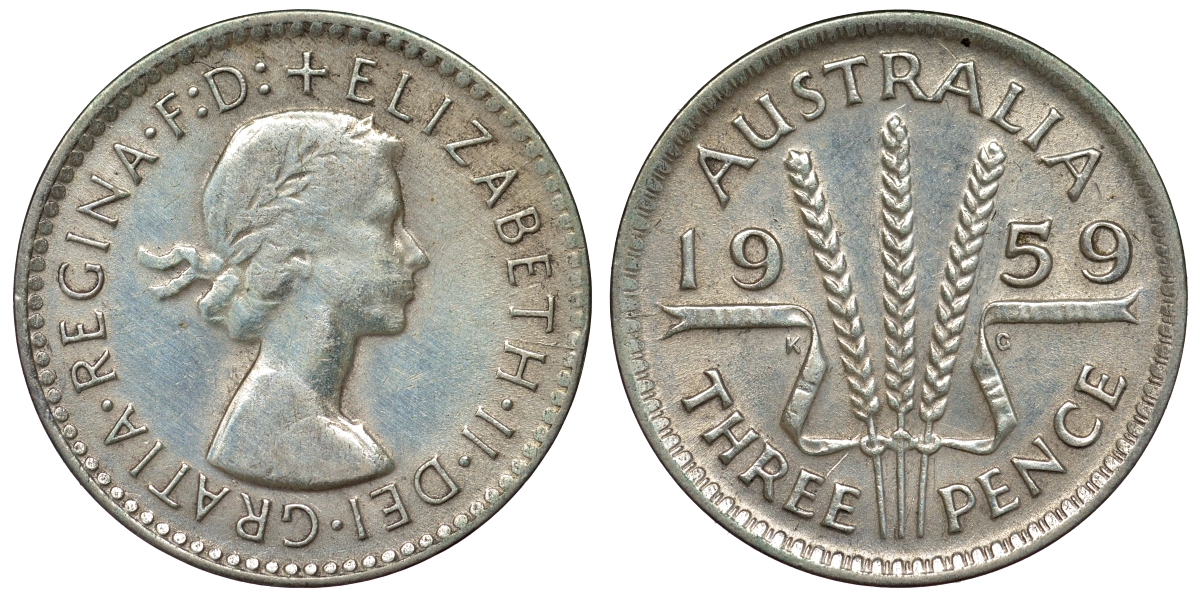 Австралия 3 пенса 1959 m, Елизавета II (1952-2022) KM 57 серебро 71-622