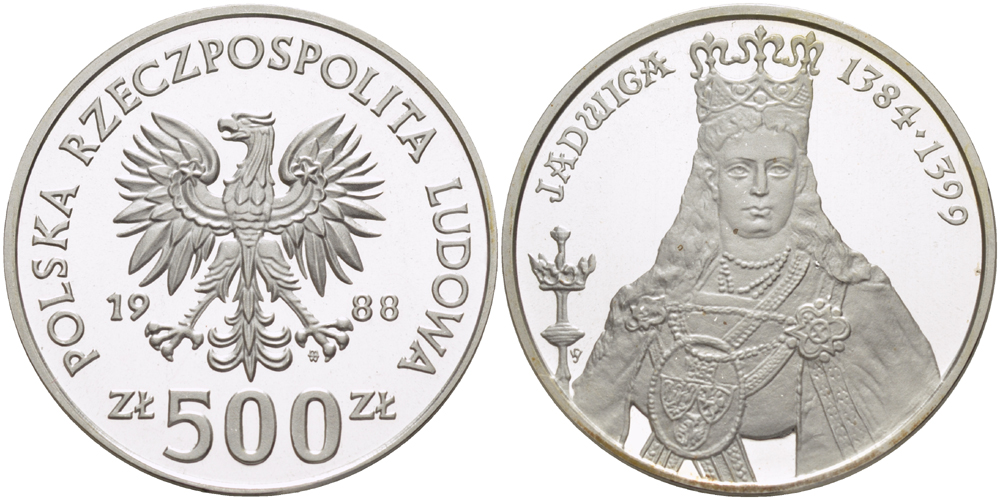 Польша 500 злотых 1988 MW, серия польские короли, королева Ядвига (1384-1399), тираж 8000 экземпляров KM 181, Parchimowicz 333 серебро  PROOF  1085-2-11
