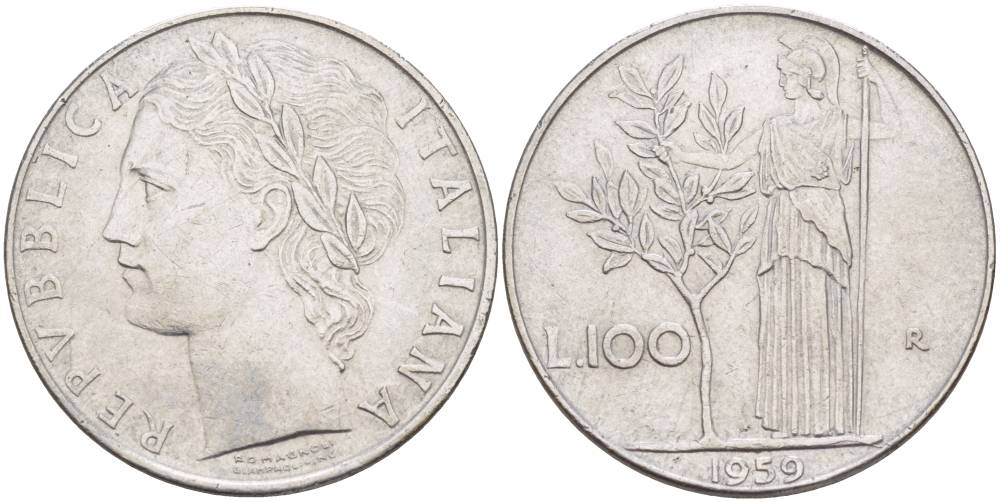ИТАЛИЯ 100 ЛИР 1959 R, АФИНА У ОЛИВКОВОГО ДЕРЕВА KM 96.1 нержавеющая сталь 4545-624