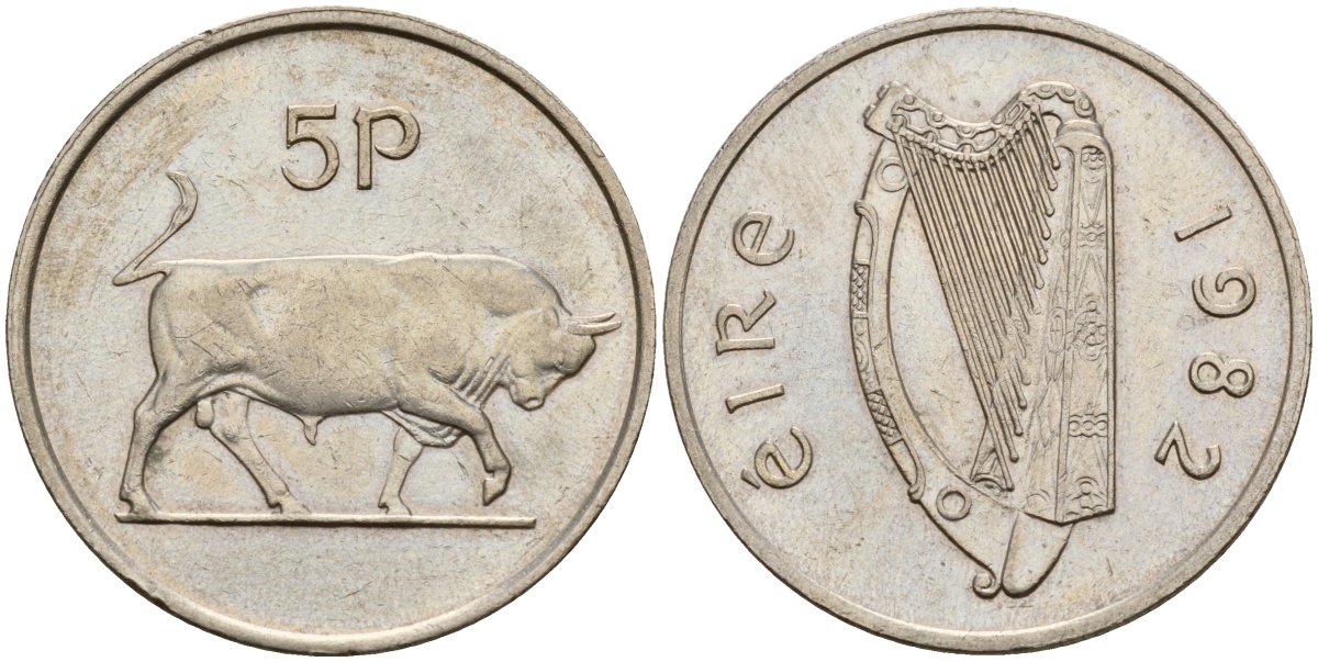 Ирландия 5 пенсов 1982 бык KM 22 медно-никель 4141-313