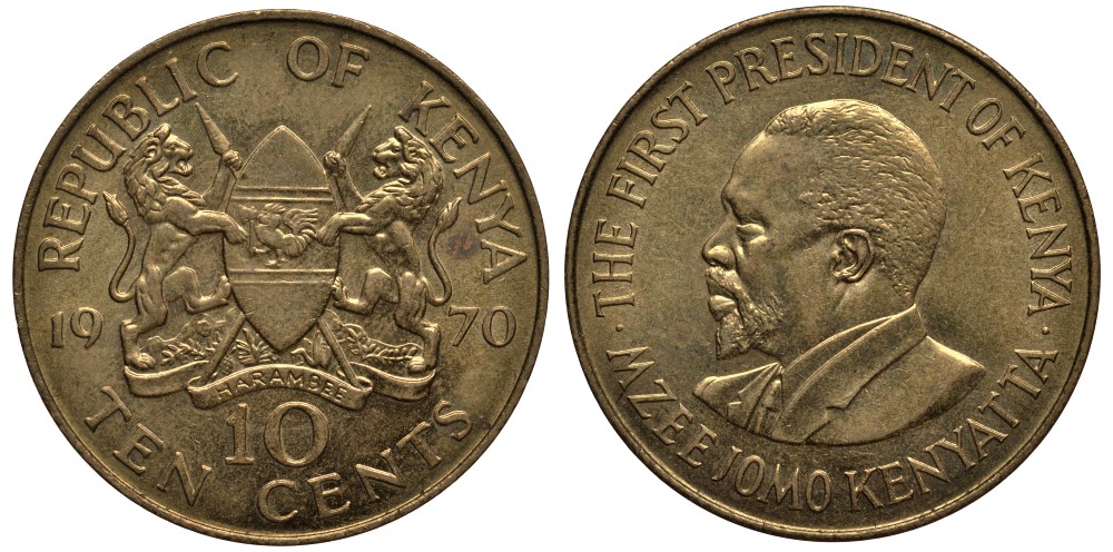 Кения 10 центов 1970 Джомо Кениата KM 11 никель латунь XF-UNC 4185-726