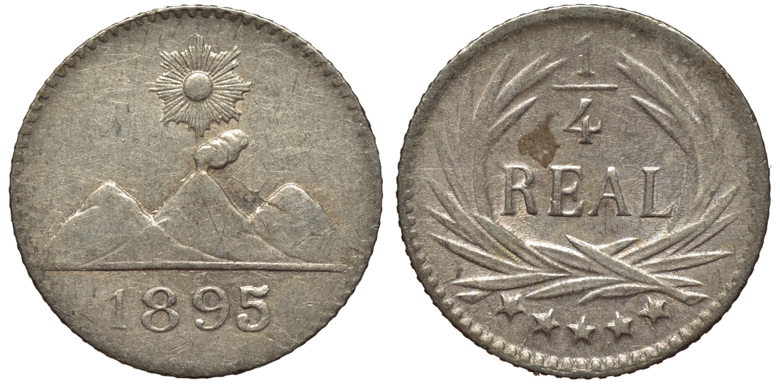 Гватемала 1/4 реала 1895 5 звезд, Испанское правление KM 162 серебро 4549-327