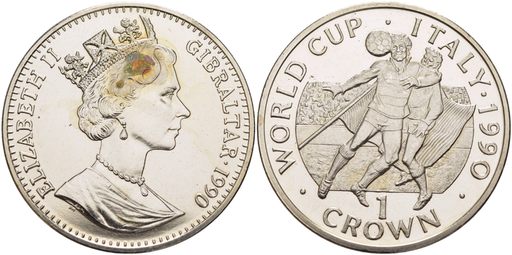 Гибралтар 1 крона 1990 чемпионат мира по футболу в Италии 1990 года, два игрока, игра головой KM 36 медно-никель BUNC 00-00-00