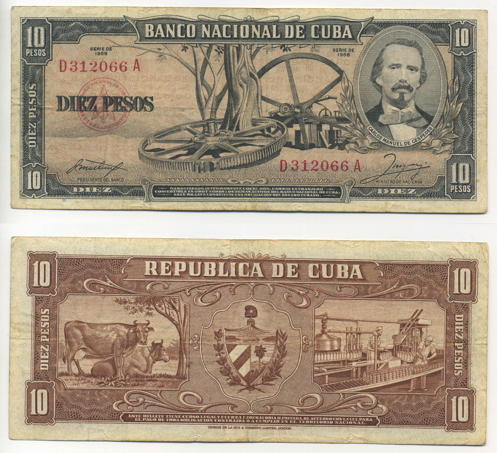 Куба 10 песо 1958 Карлос Мануэль Сеспедес, коровы, молочная ферма Pick 88 b бумага 439-7-1-1