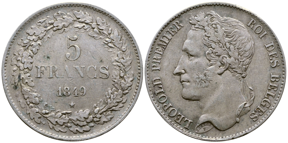 Бельгия 5 франков 1849 Леопольд I (1831-1865), в венке KM 3.2 серебро 74-1025
