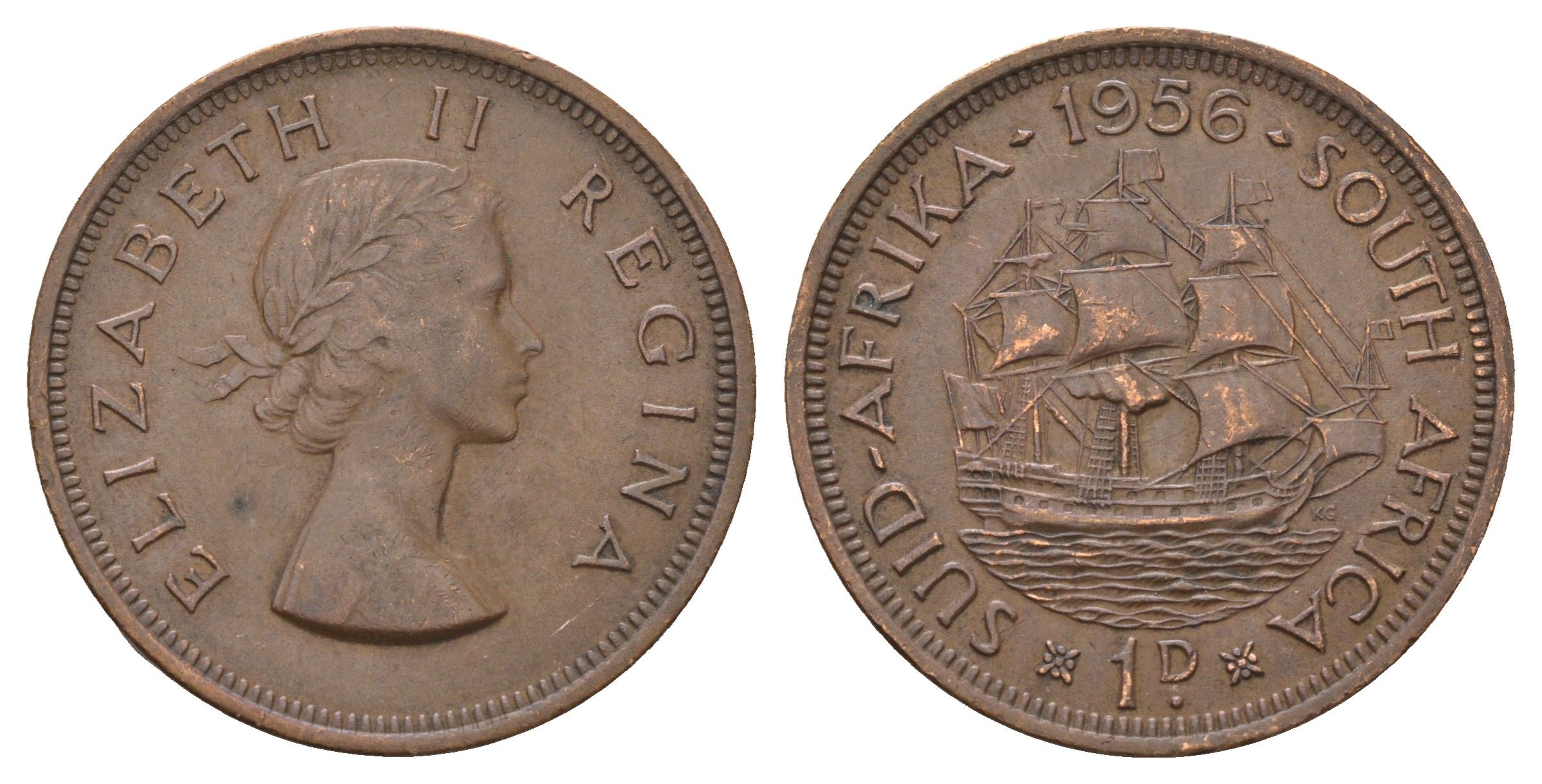 ЮАР 1 пенни 1956 Елизавета II (1952-2022), парусник KM 46 бронза 4517-1232