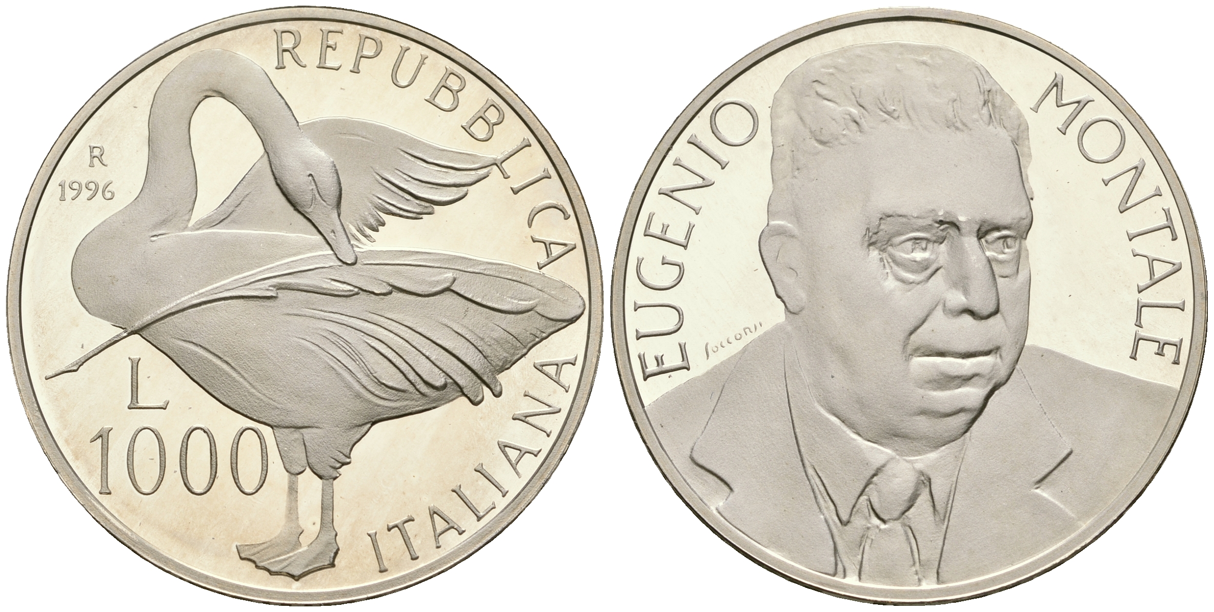 Италия 1000 лир 1996 R, 100 лет со дня рождения Эудженио Монтале KM 199 серебро PROOF 1099-2-64