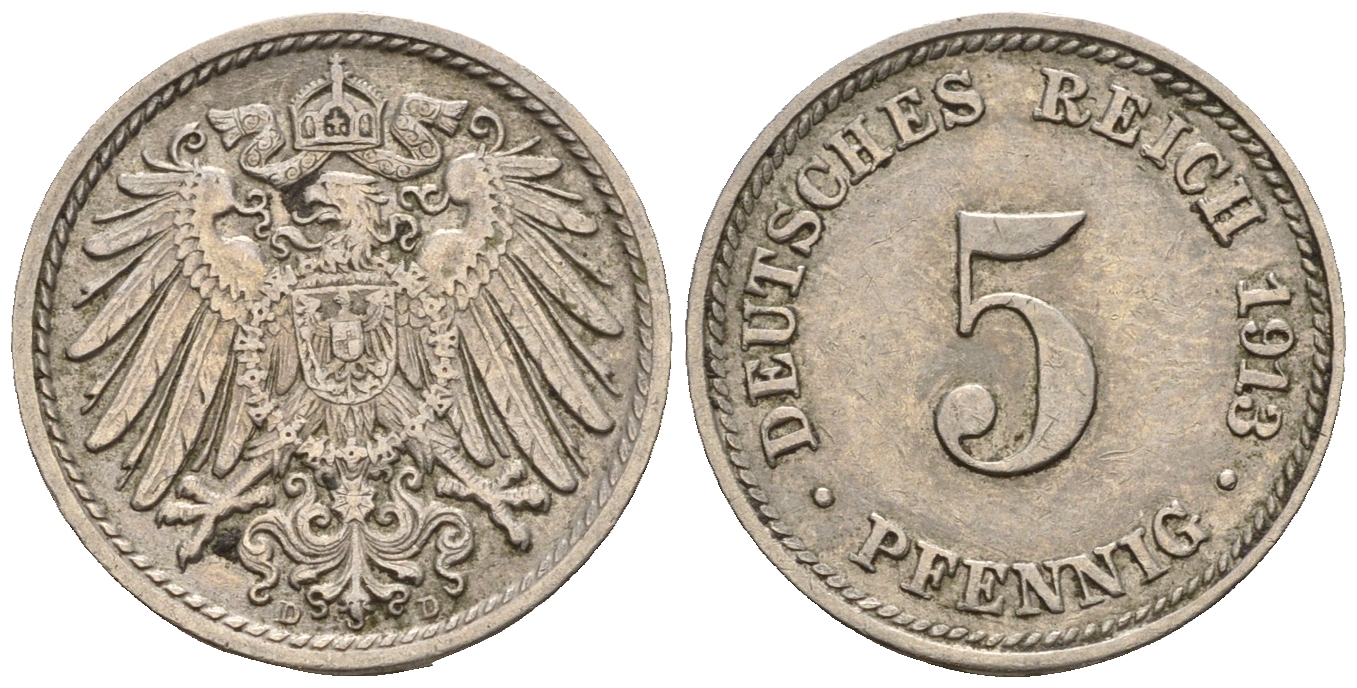Германия 5 пфеннигов 1913 D, KM 11, J. 12 медно-никель 220-669