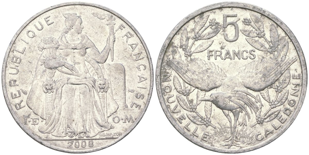 Французская Новая Каледония 5 франков 2008 птица кагу, (IEOM) KM 16, Schoen 12, Lec 81k алюминий 221-615