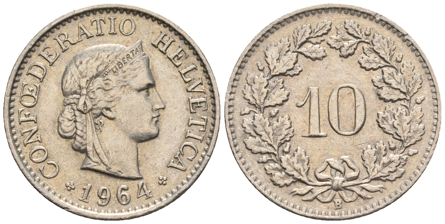 Швейцария 10 раппенов 1964 B KM 27 медно-никель 4609-1017