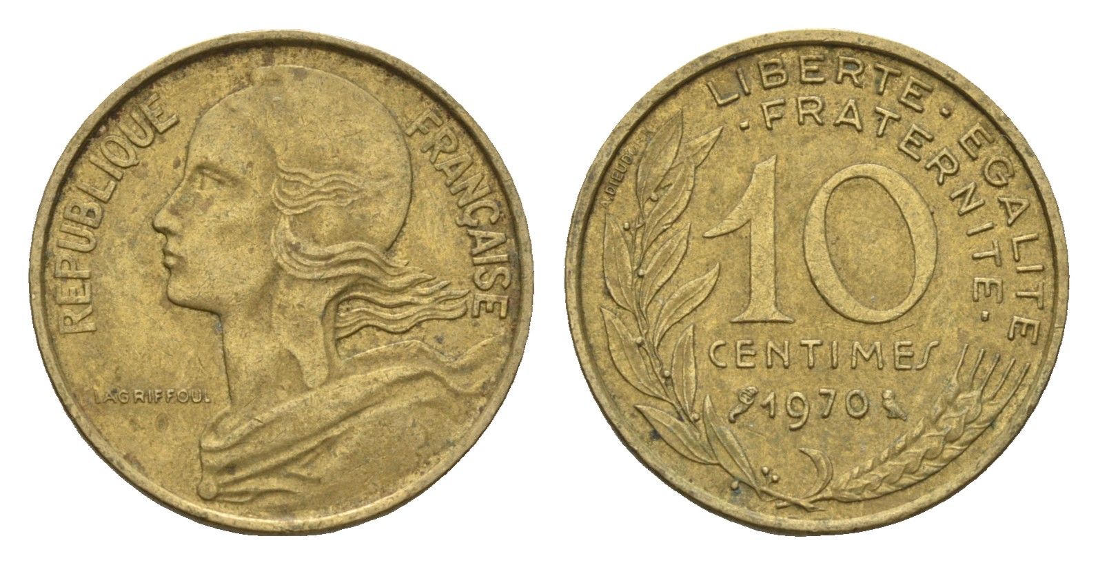 Франция 10 сантимов 1970 KM 929 алюминиевая бронза 4674-564