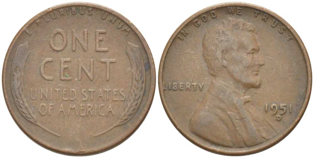 США 1 ЦЕНТ 1951 D, ЛИНКОЛЬН KM А132 медь цинк 218-957