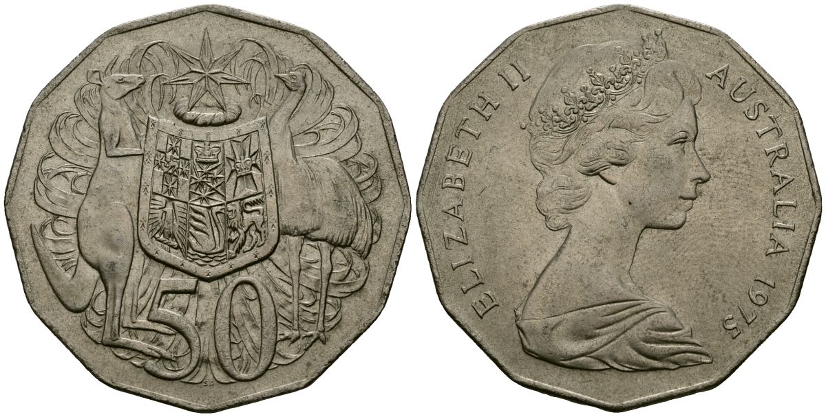Австралия 50 центов 1975 Елизавета II (1952-2022), герб Австралии, кенгуру KM 68 медно-никель 4558-213