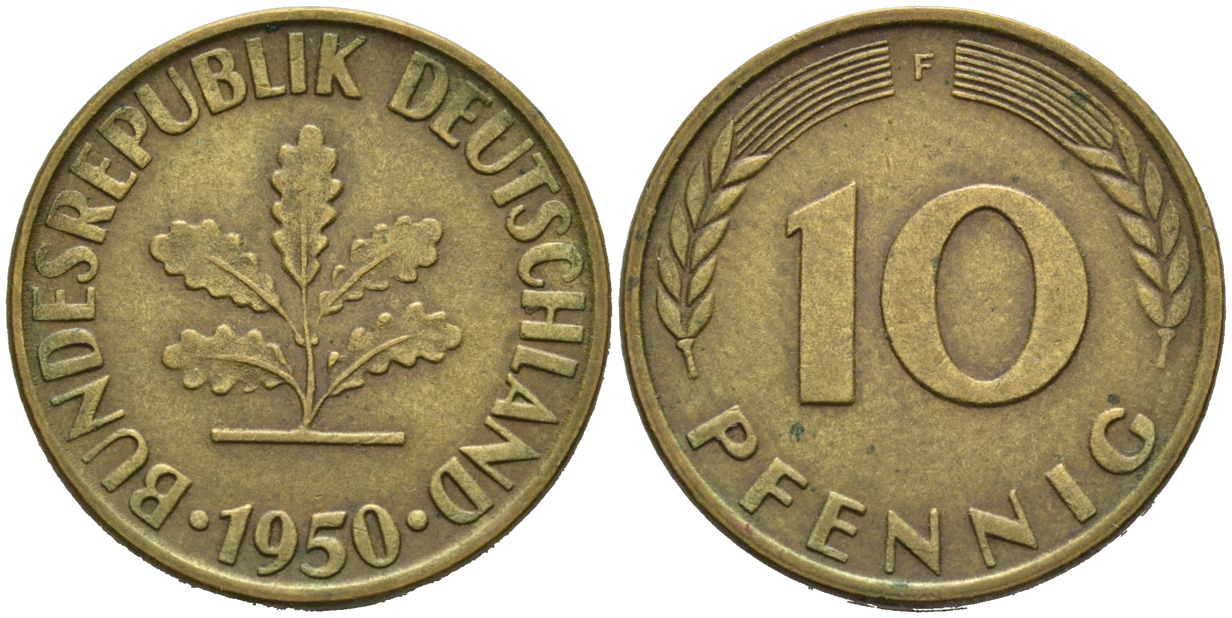 ФРГ 10 ПФЕННИГОВ 1950 F KM 108, J.383 сталь плакированная латунью 75-624