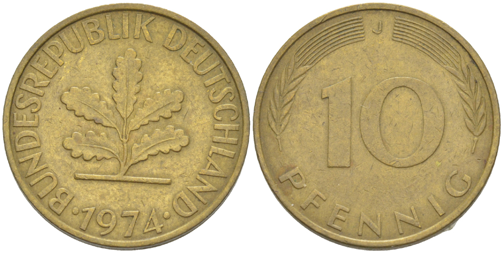ФРГ 10 ПФЕННИГОВ 1974 J KM 108, J. 383 сталь плакированная латунью 4182-842