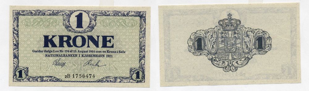 Дания 1 крона 1921 серия 2В Pick 12 g бумага aUNC 7217-1-3-2