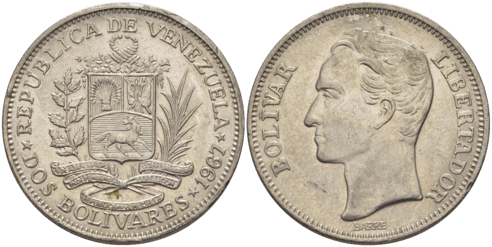 Венесуэла 2 боливара 1967 Симон Боливар KM 43 никель 82-1023