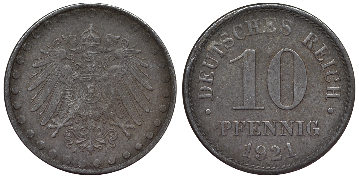 Германия 10 пфеннигов 1921 A KM 20, J. 298 железо 4119-126
