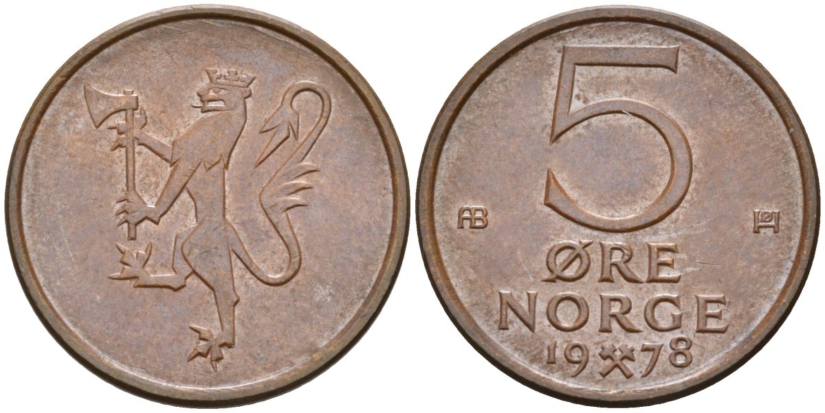Норвегия 5 эре 1978 Улаф V (1958-1991) KM 415 бронза UNC 4582-545
