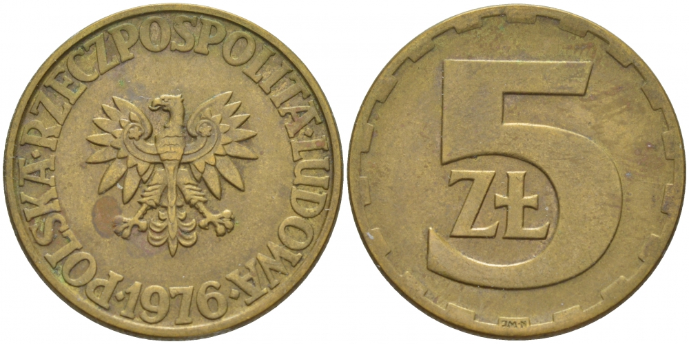 Польша 5 злотых 1976 монетный двор Ленинград (ЛМД) KM 81.1, Parchimowicz 221b латунь 175-1216