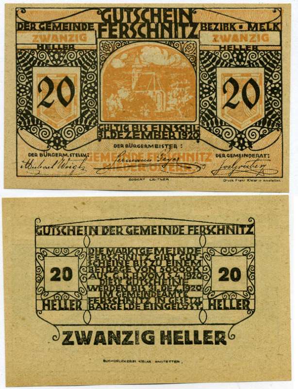 Австрия, Фершниц 20 геллеров 1920 5 апреля 1920 - 31 декабря 1920, нотгельд, ярмарочная коммуна в земле Нижняя Австрия   бумага  UNC (пресс) 7221-26-1-2