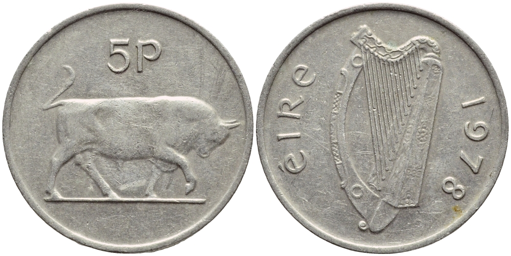 ИРЛАНДИЯ 5 ПЕНСОВ 1978 БЫК KM 22 медно-никель 4397-142