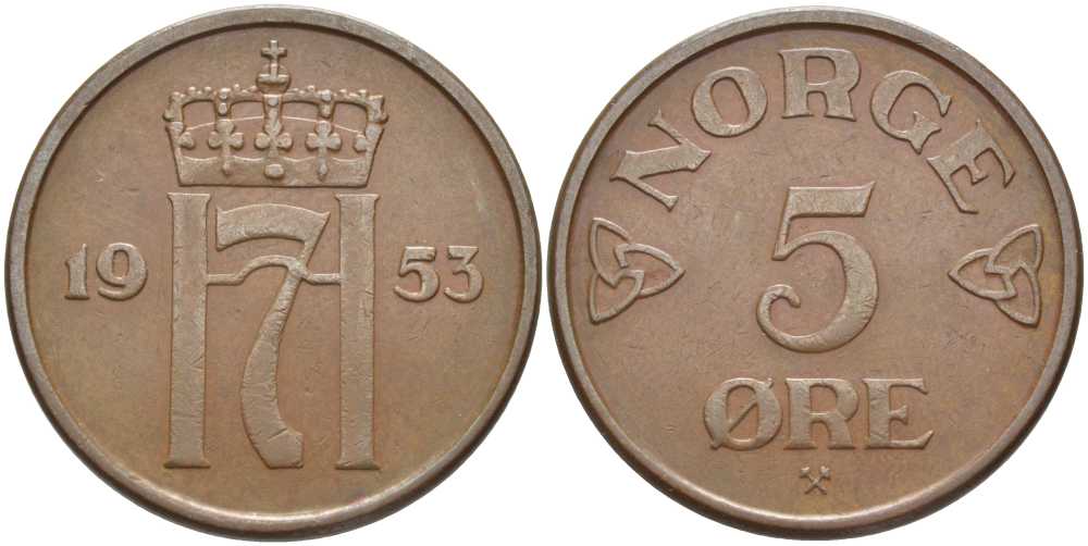 НОРВЕГИЯ 5 ЭРЕ 1953 ЛОСЬ, ХОКОН VII (1905-1957) KM 400 бронза 115-826