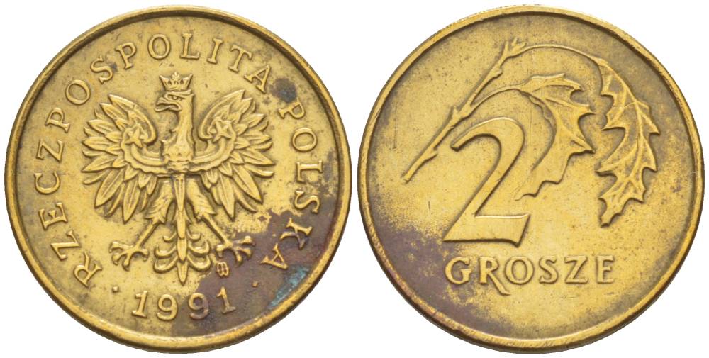 ПОЛЬША 2 ГРОША 1991 MW KM 277 латунь 4549-212