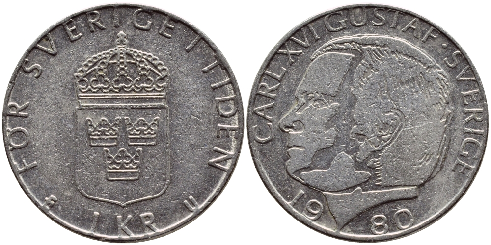 Швеция 1 крона 1980 Карл XVI Густав (1973- ) KM 852 медь плакированная медно-никелем 4397-935