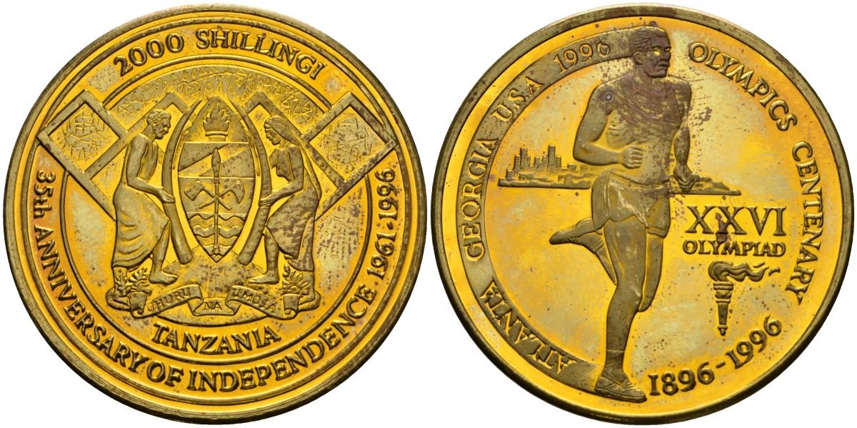 Танзания 2000 шиллингов 1996 XXVI Олимпийские игры 1996 года в Атланте, 100 лет Олимпейскому движению, бег, пробник, гладкий гурт латунь PROOF 04-323-15