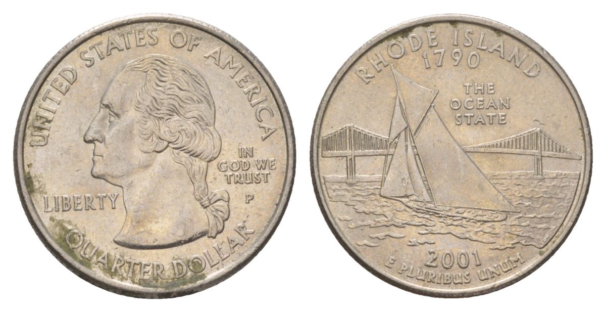 США 25 центов (квотер, 1/4 доллара) 2001 P, Квотер штата Род-Айленд KM 320 медь плакированный медно-никелем UNC 4628-1211