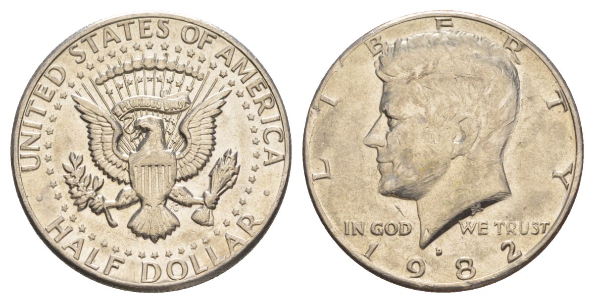 США 1/2 доллара (50 центов) 1982 D, Джон Кеннеди KM A202b медь плакированная медно-никелем aUNC 4367-511