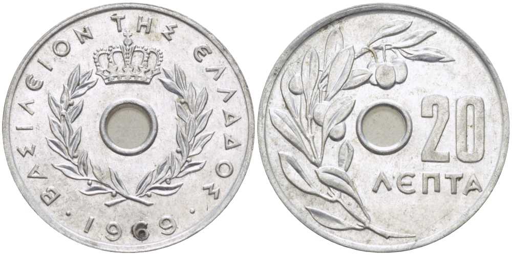 Греция 20 лепта 1969 Константин II (1964-1974), оливковая ветвь KM 79 алюминий UNC 28-934