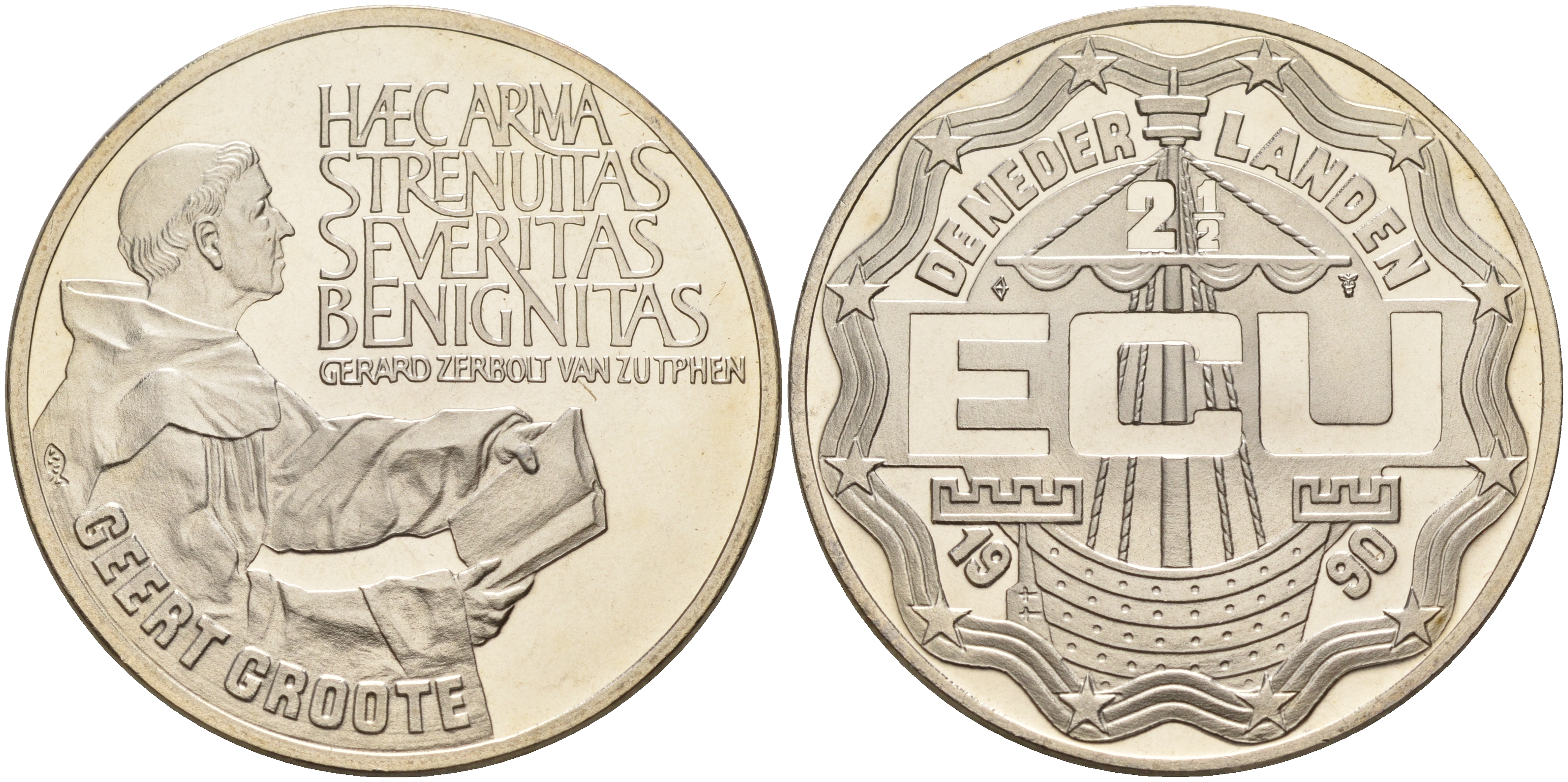 Нидерланды 2 1/2 экю 1990 богослов Герт Гроте, в оригинальной коробке  медно-никель  PROOF  7-5-4-19