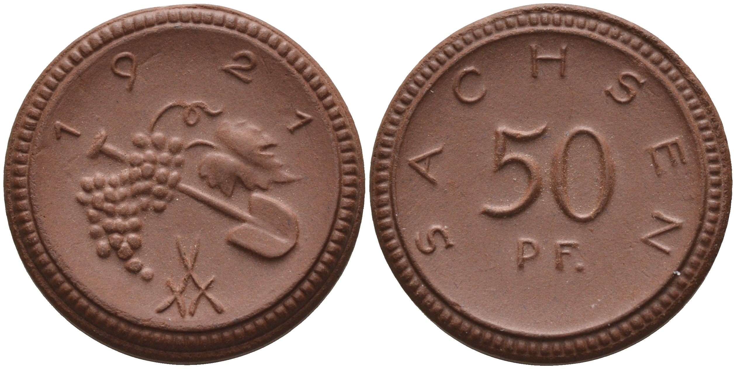 Саксония 50 пфеннигов 1921 виноград и лопата J. N 54 фарфор 1094-5-65