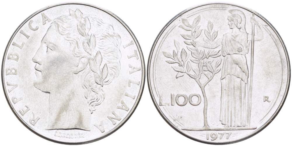 ИТАЛИЯ 100 ЛИР 1977 R, АФИНА, ДИАМЕТР 28 ММ. KM 96.1 нержавеющая сталь 4389-623