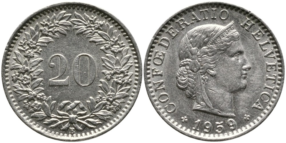 ШВЕЙЦАРИЯ 20 РАППЕНОВ 1959 В KM 29а медно-никель 4539-611