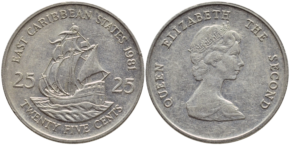 Восточно-Карибские штаты 25 центов 1981 Елизавета II (1952-2022), парусник KM 14 медно-никель 87-356