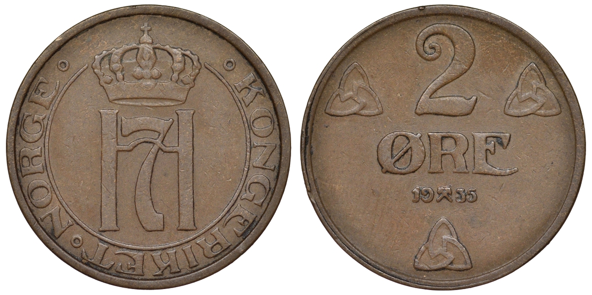 Норвегия 2 эре 1935 Хокон VII (1905-1957) KM 371 бронза 71-1142
