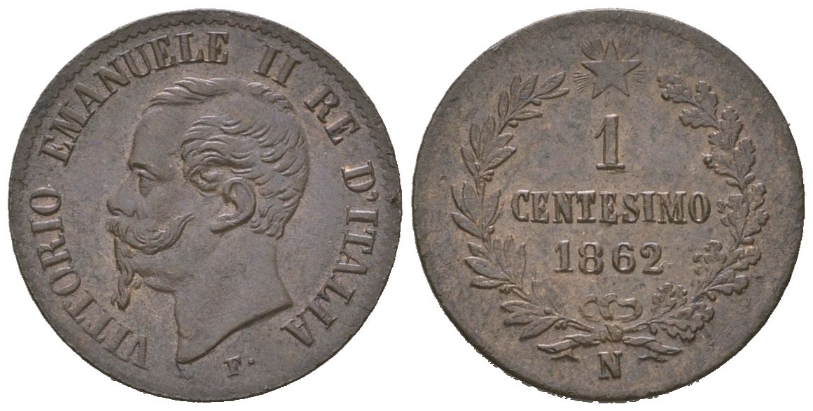 Италия 1 чентезимо 1862 N, Виктор Эммануил II (1861-1878) KM 1 медь aUNC 4617-938